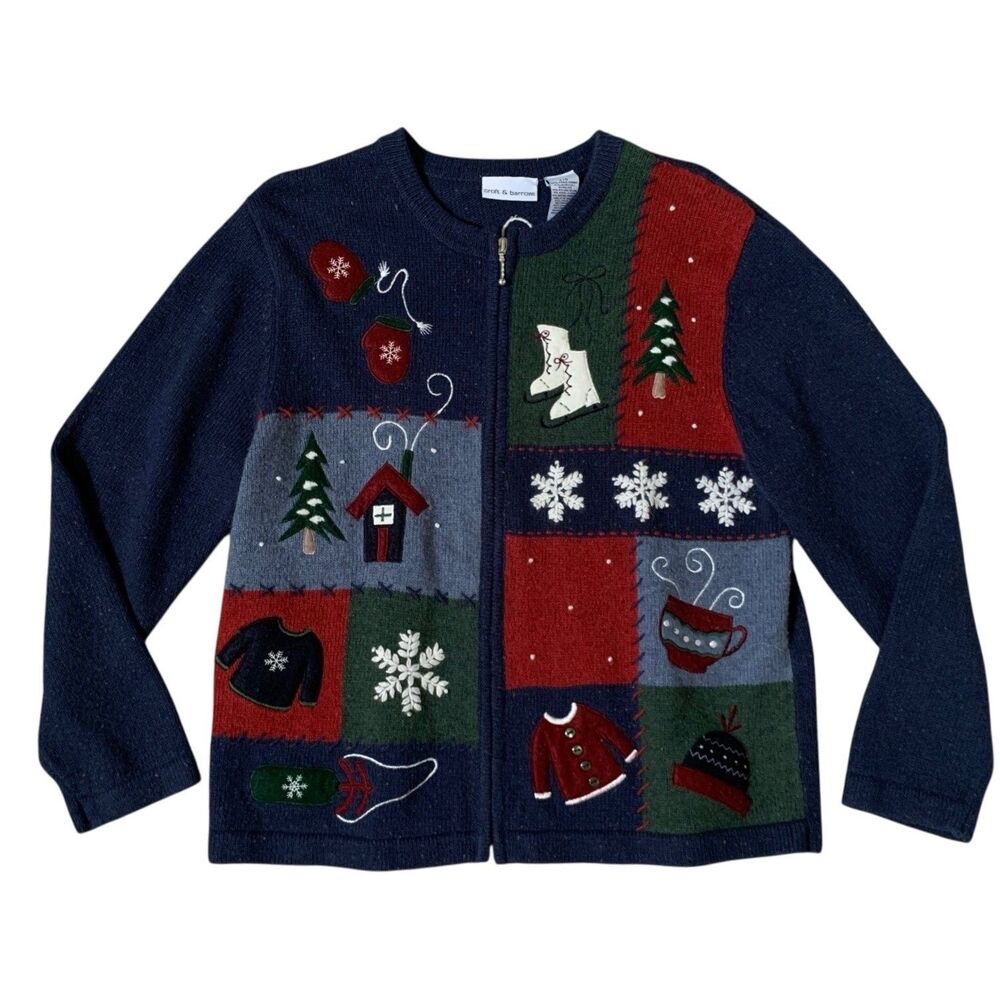 Croft & Barrow Womens Christmas Cardigan LG Blue Zip Chunky Embroidered Sweater